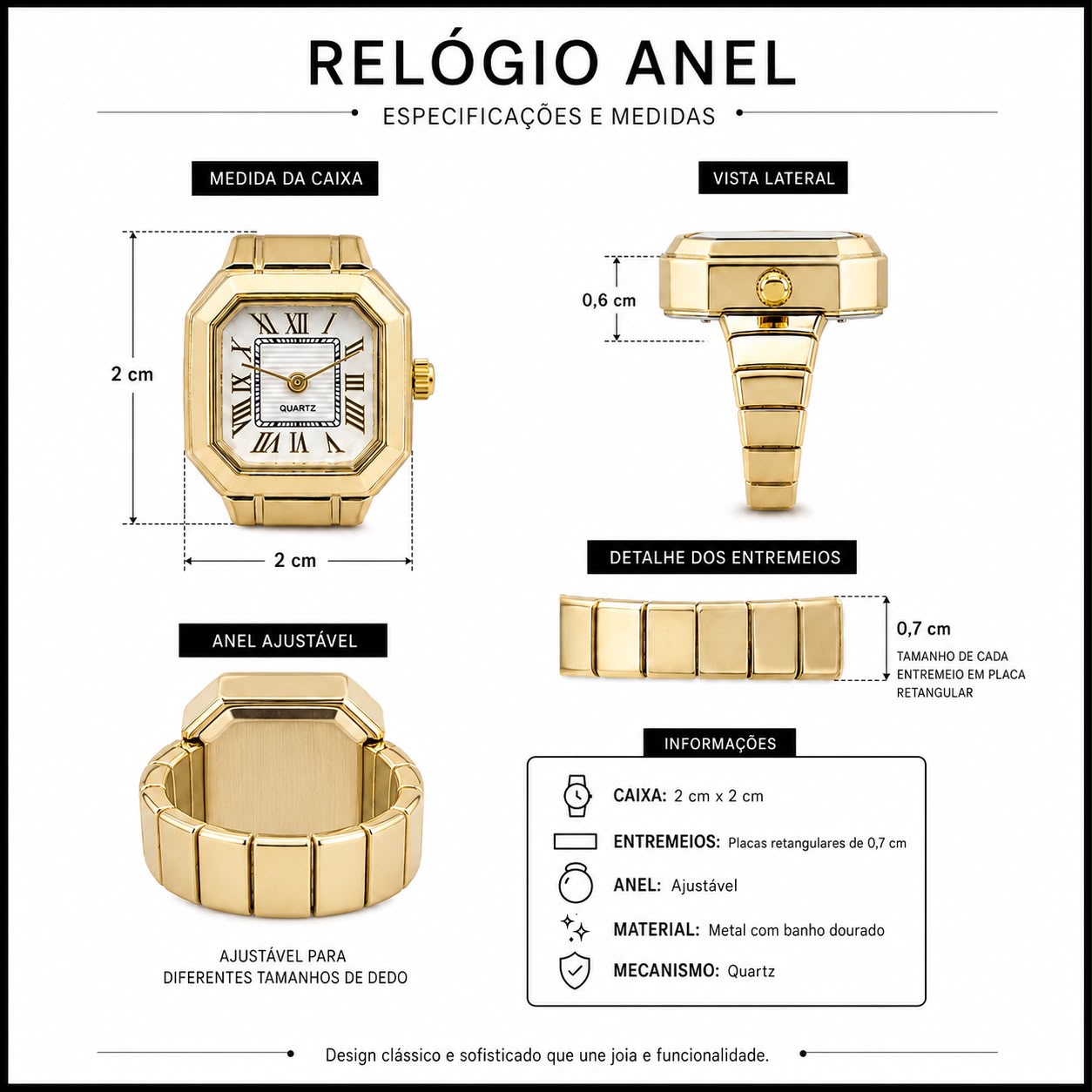 Anel de relógio ajustável octogonal com mostrador romano; vistas laterais e medidas