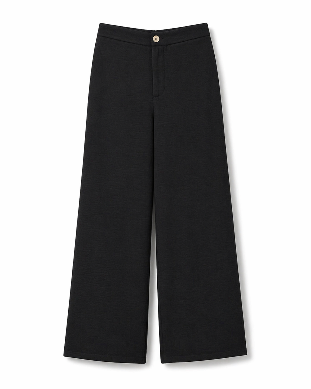 Calça Aurora preta de cintura alta, pernas amplas, fecho frontal com botão dourado