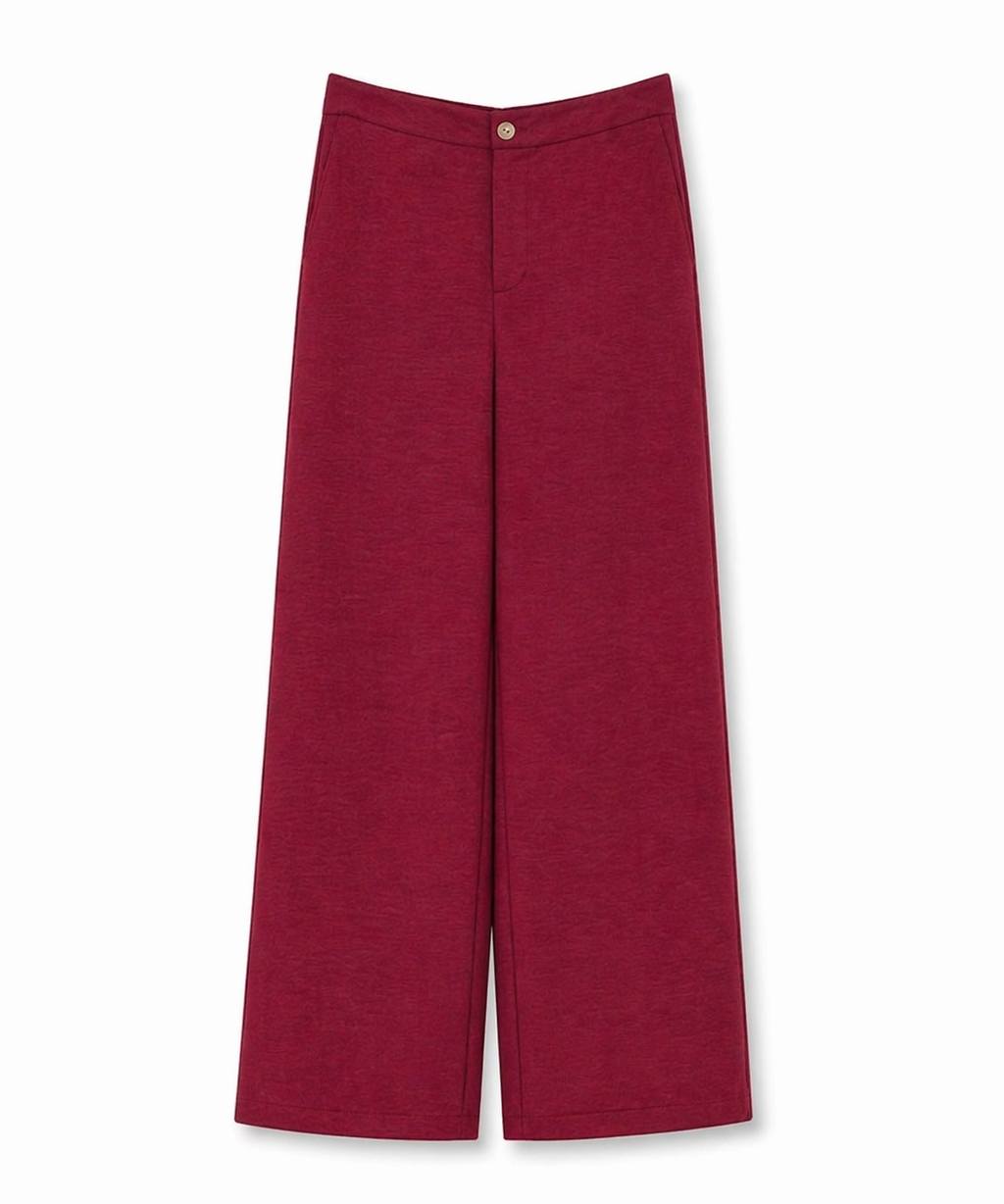 Calça Aurora vinho com cós alto e botão dourado, caimento reto e pernas largas