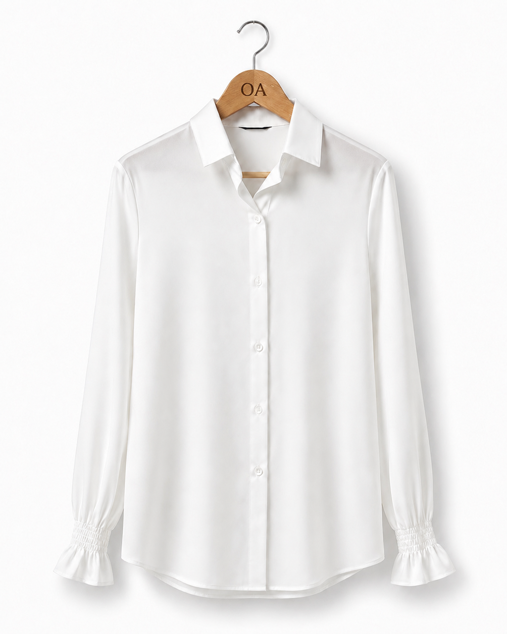 Camisa Magnolia branca de botões, gola clássica e mangas longas com babados