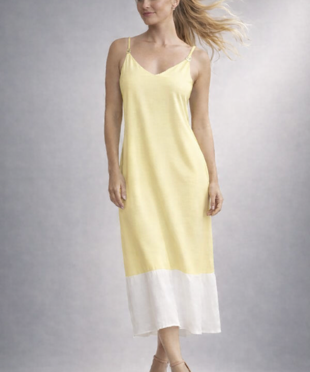 Vestido midi de alças finas com decote V e faixa branca na barra, amarelo