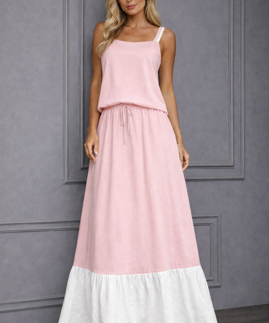 Conjunto de alcinha rosa claro e saia longa com elástico, barra branca contrastante