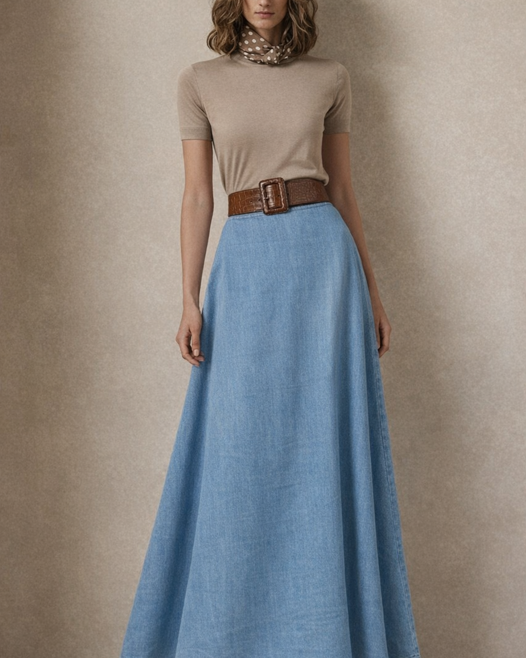 Saia jeans azul clara evasê longa, com cós