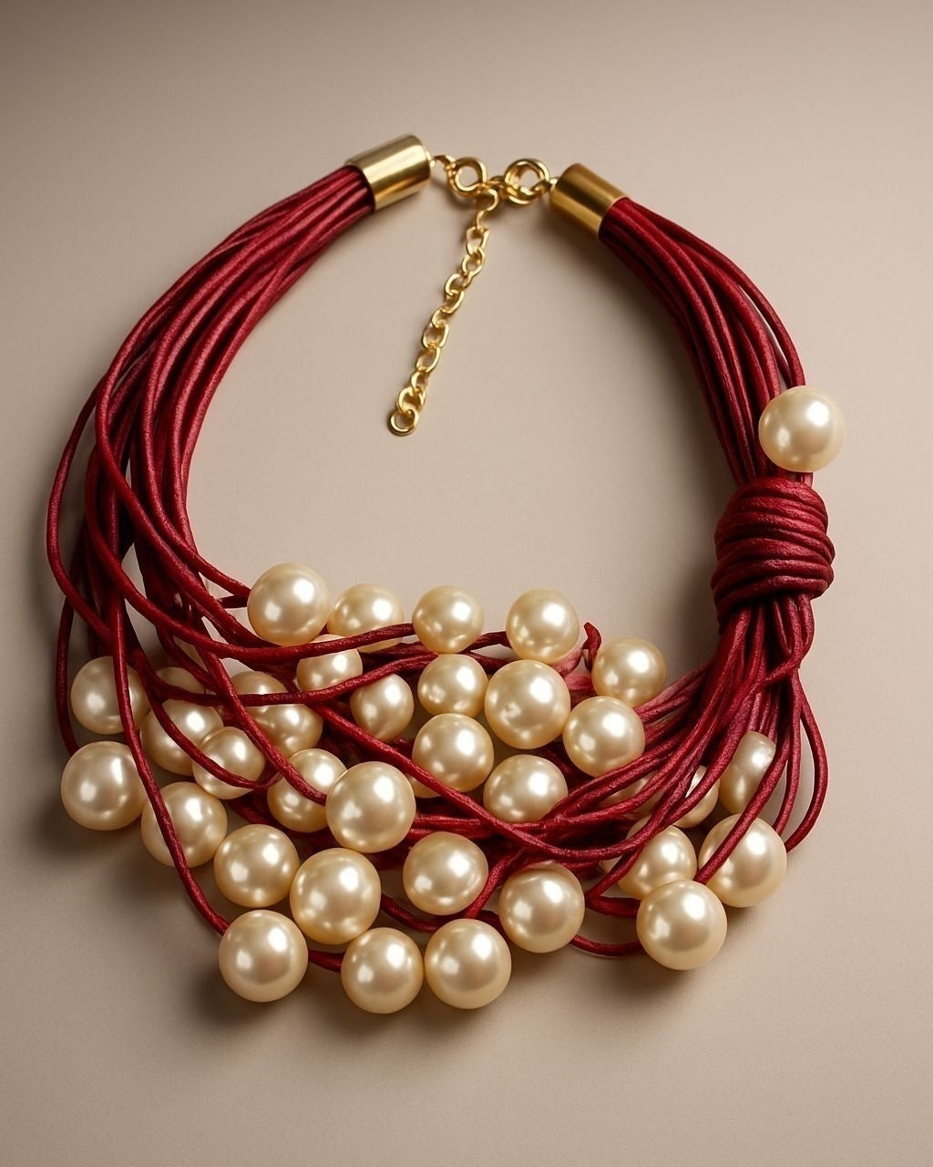 Colar de cordão vermelho com pérolas brancas e fecho dourado
