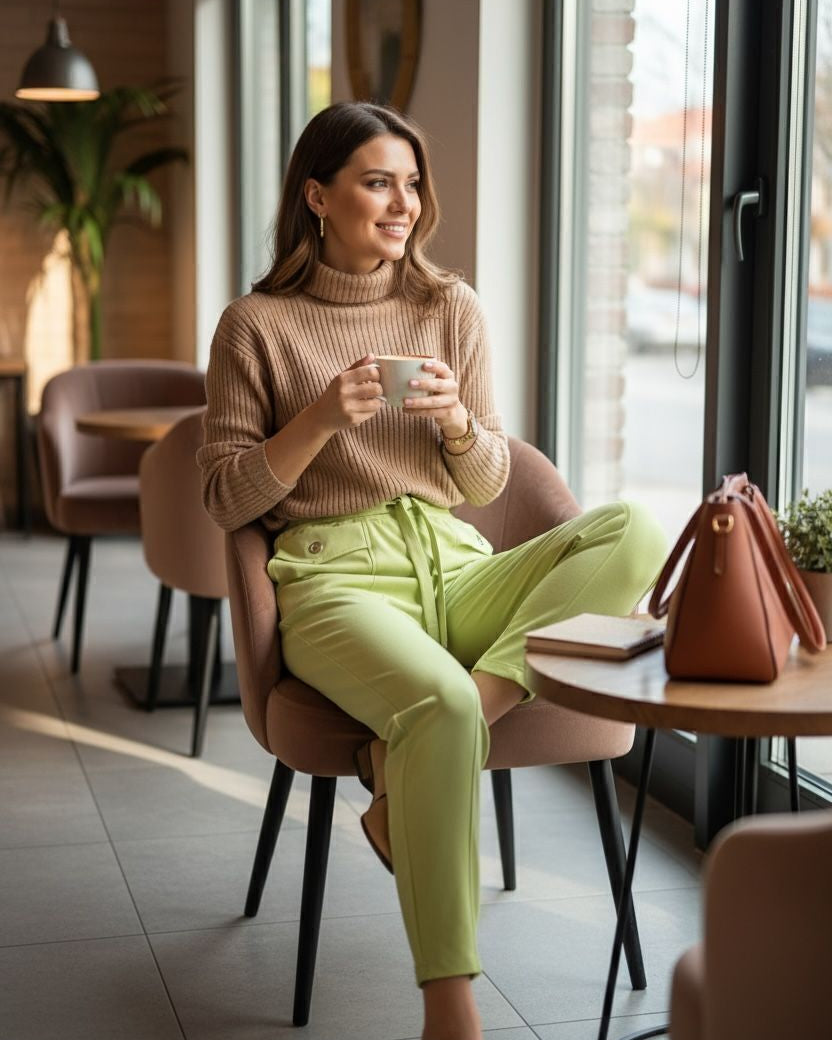 Calça Juliana verde-lima de pernas longas, bolsos laterais e costuras frontais