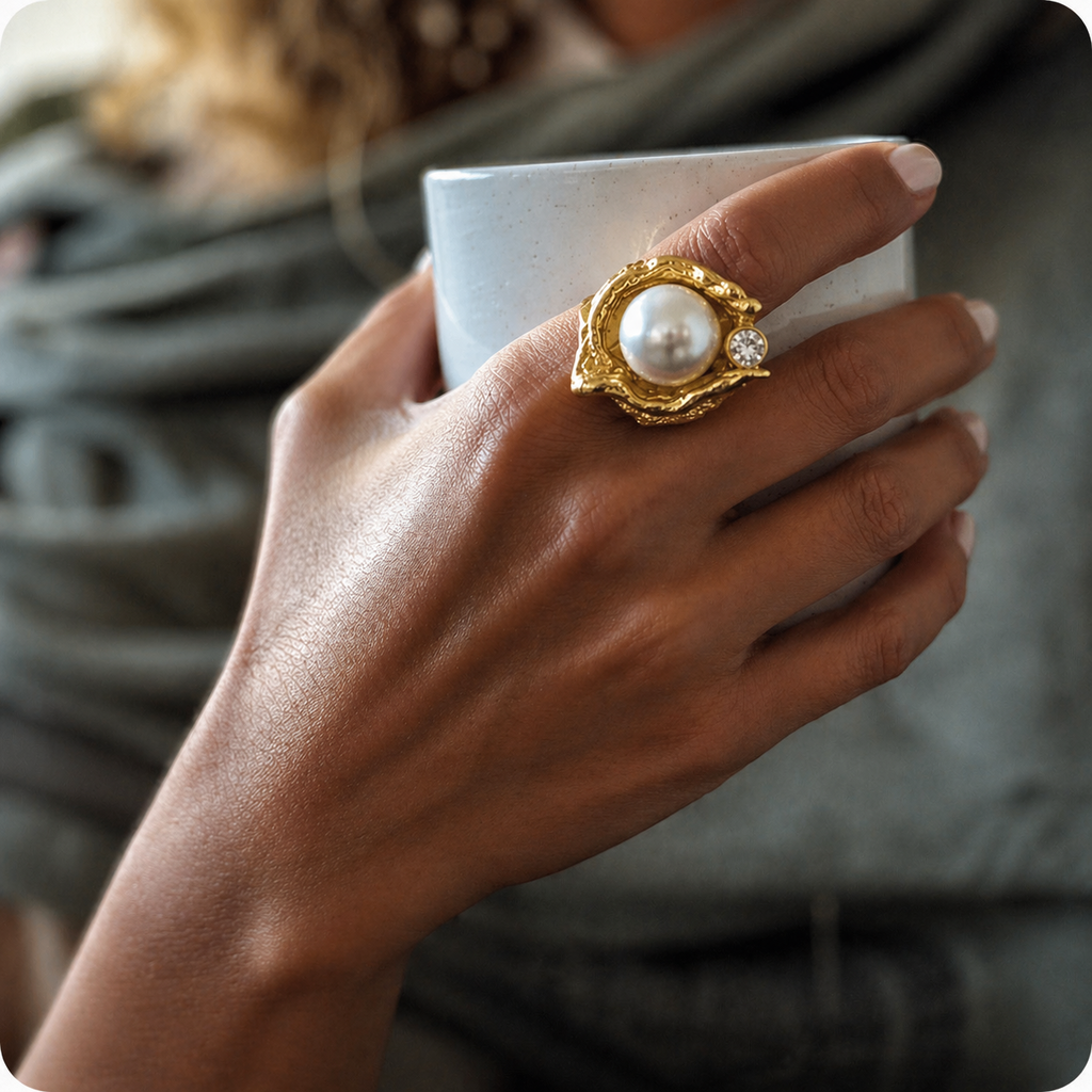 Anel dourado com pérola branca e pedra cristal ao redor, sobre dedo
