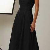 Vestido Monica preto midi, alças finas e franzidos no busto