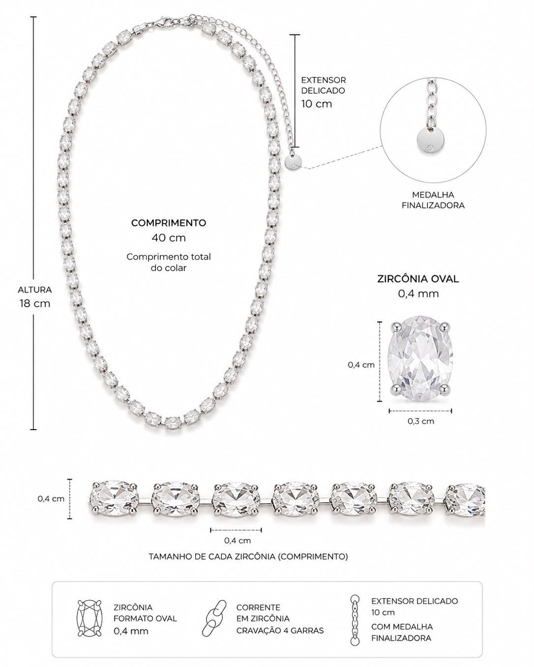 Colar Riviera Nice: zircônia oval 0,4 mm, 40 cm (total com 10 cm extensão)