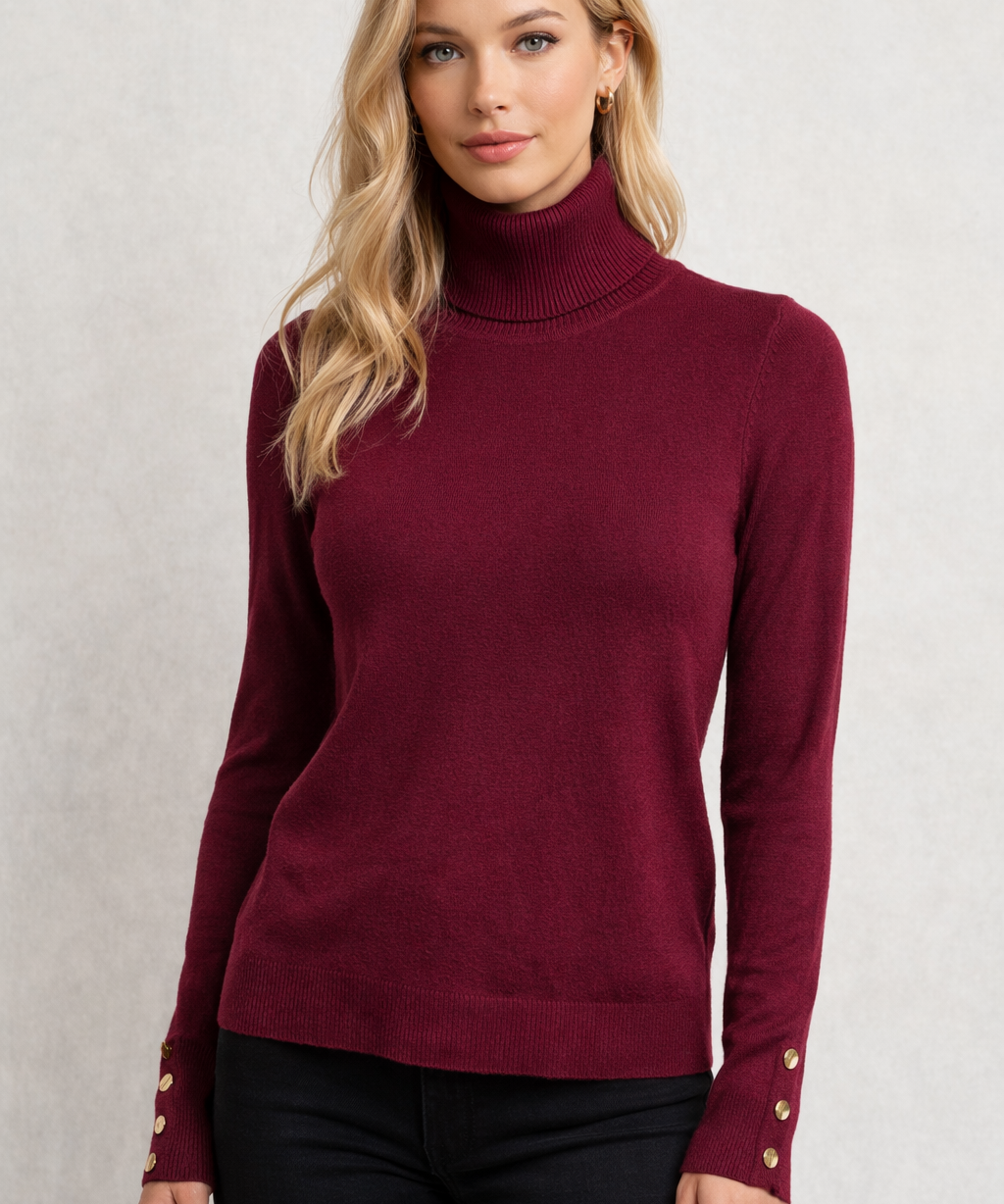Blusa de tricô marsala de gola alta com mangas longas e botões dourados nos punhos
