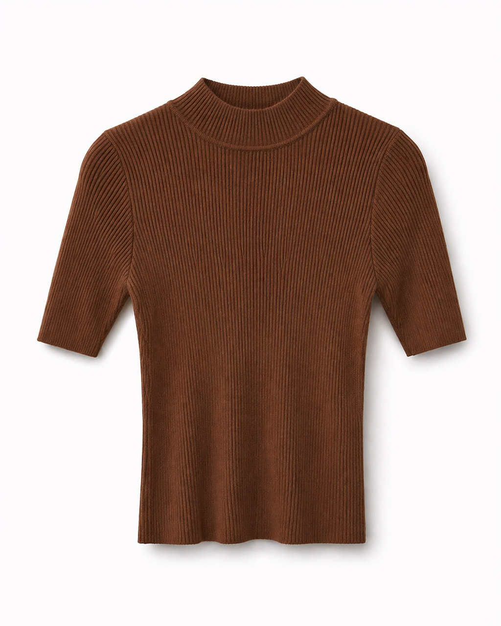 Blusa de tricô marrom com gola alta canelada e mangas curtas