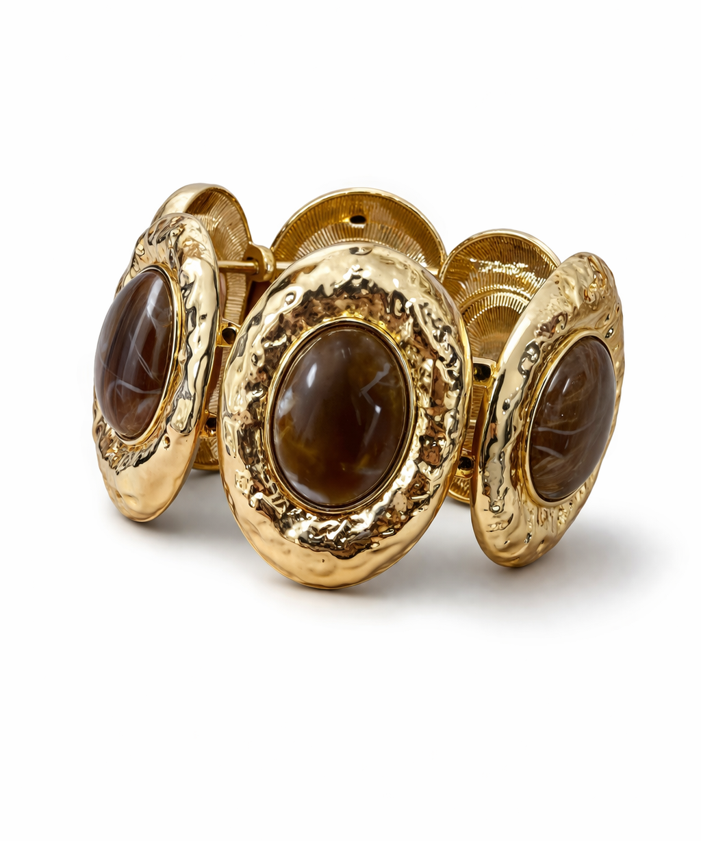 Pulseira ajustável dourada com pedras ovais marrons