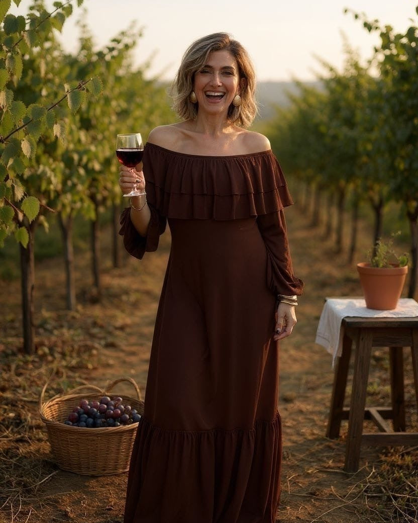 Vestido longo marrom com ombros descobertos e babados no decote, mangas longas