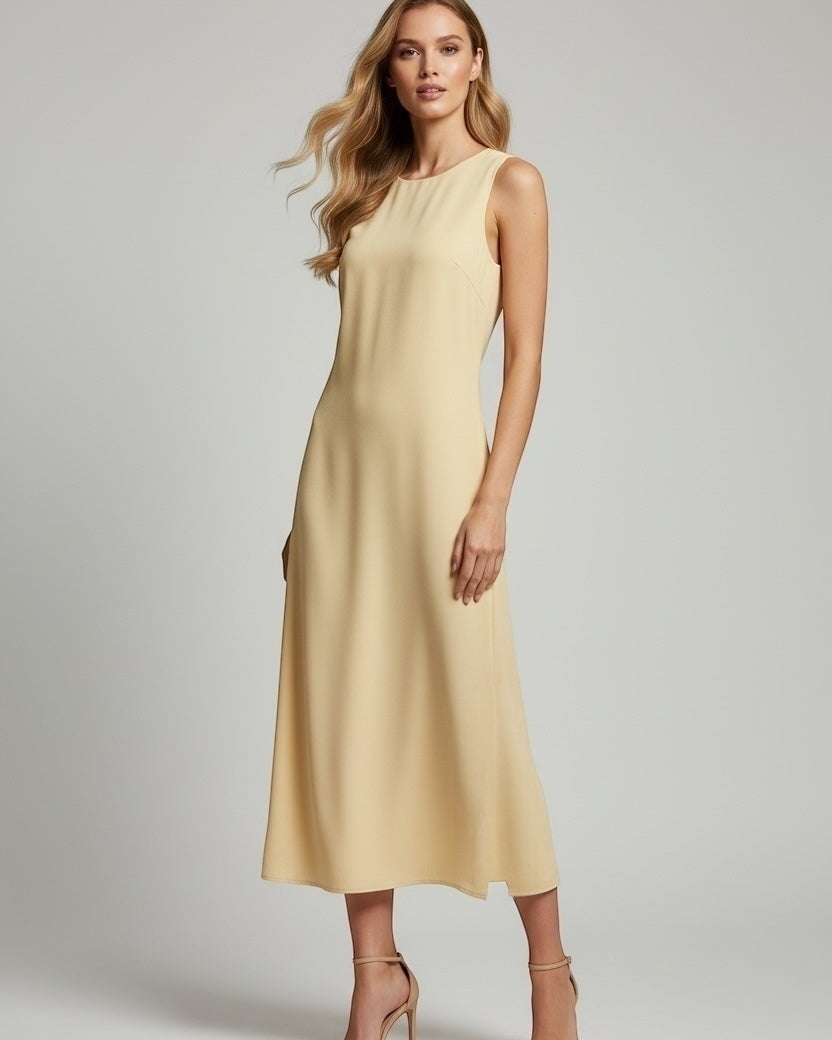 Vestido midi creme, justo, sem mangas, alças largas e gola redonda