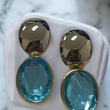 Brinco Viena dourado com pedra azul oval, pendente