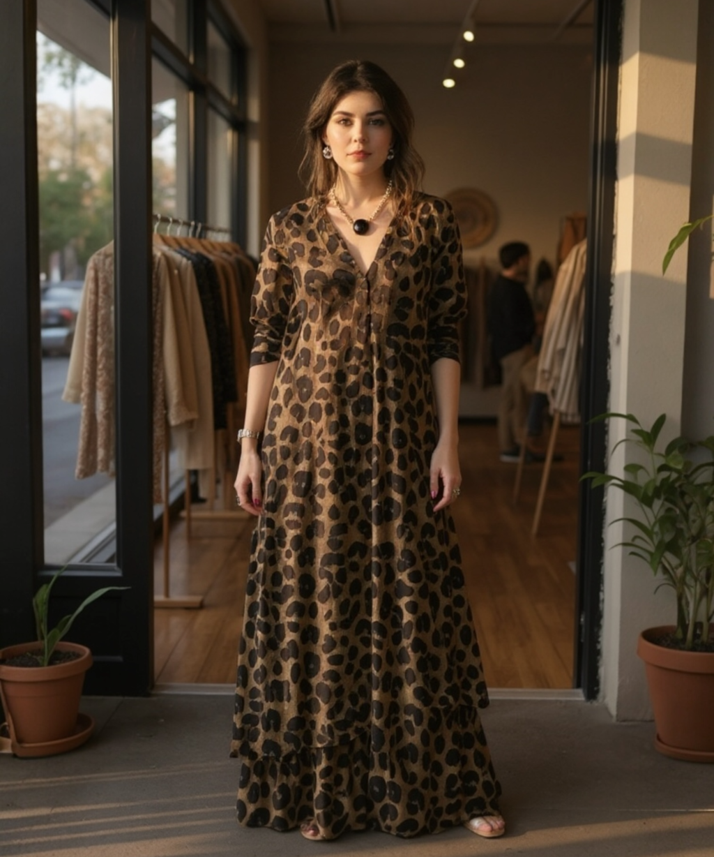 Chemise longa estampada animal marrom com decote V e botões frontais, manga curta