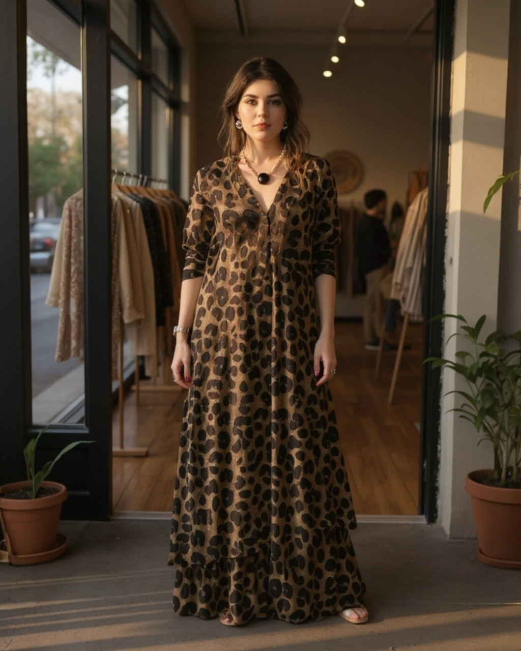 Chemise longa estampada animal marrom com decote V e botões frontais, manga curta