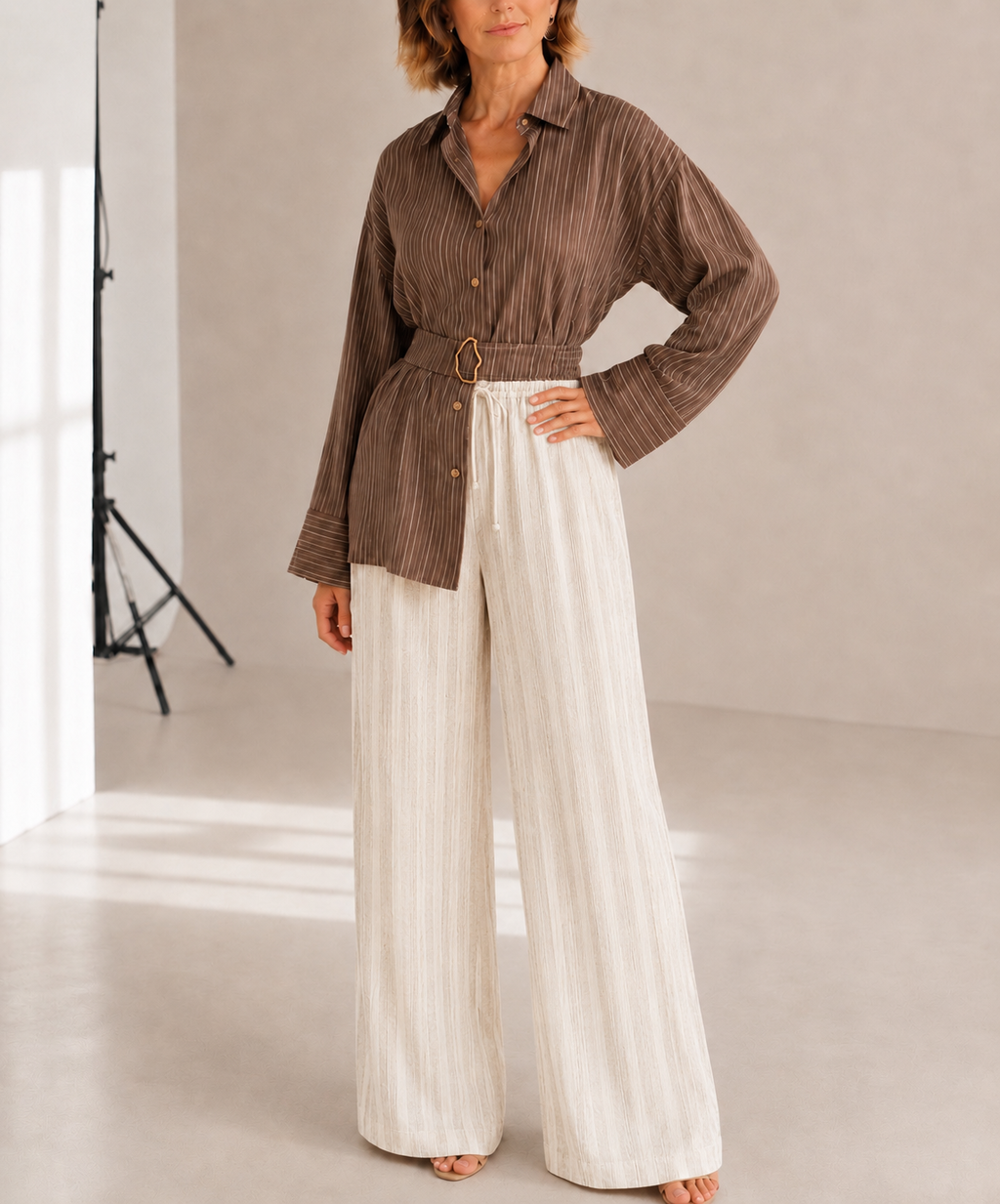 Calça ampla off-white com cós elástico e cordão, pernas largas
