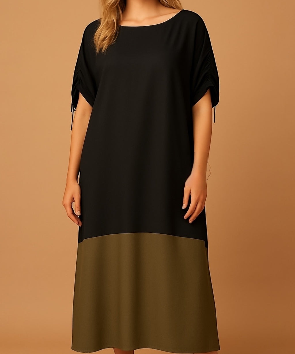 Vestido midi preto de manga curta, com barra bicolor verde-oliva