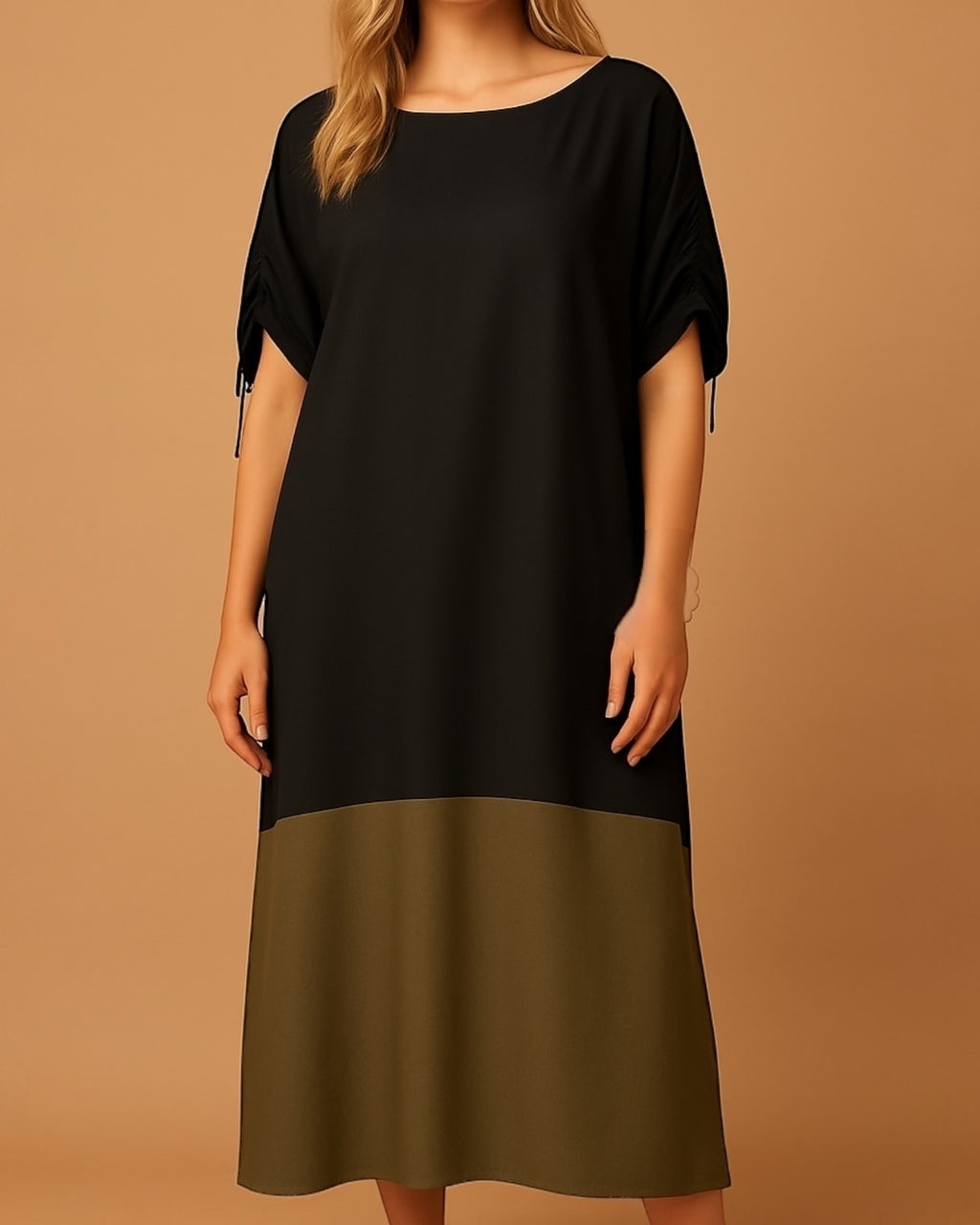 Vestido midi preto de manga curta, com barra bicolor verde-oliva