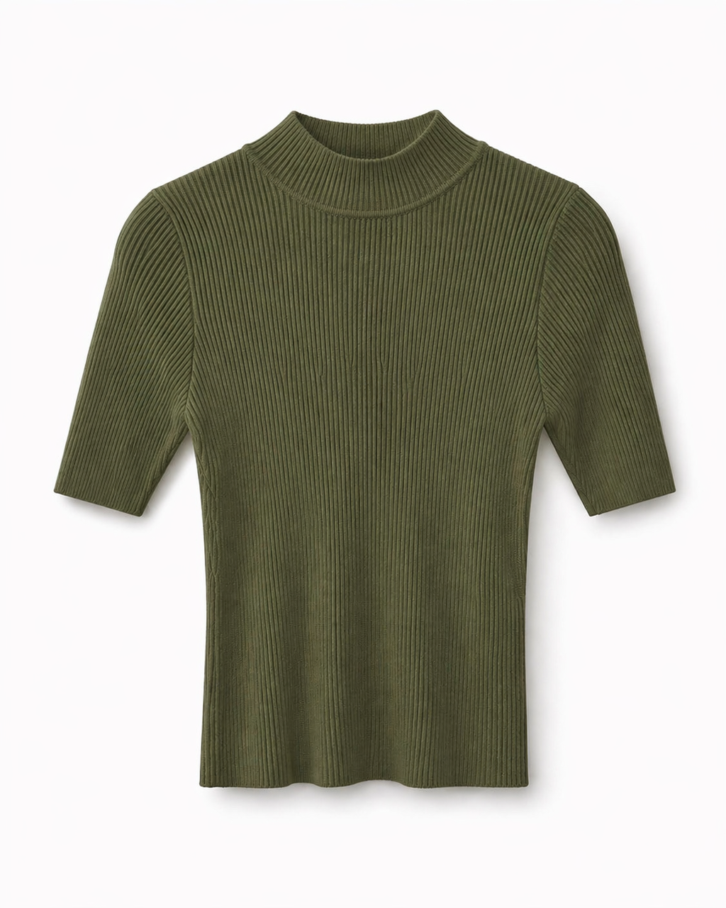 Blusa de tricô verde militar de gola alta canelada e mangas curtas
