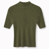 Blusa de tricô verde militar de gola alta canelada e mangas curtas