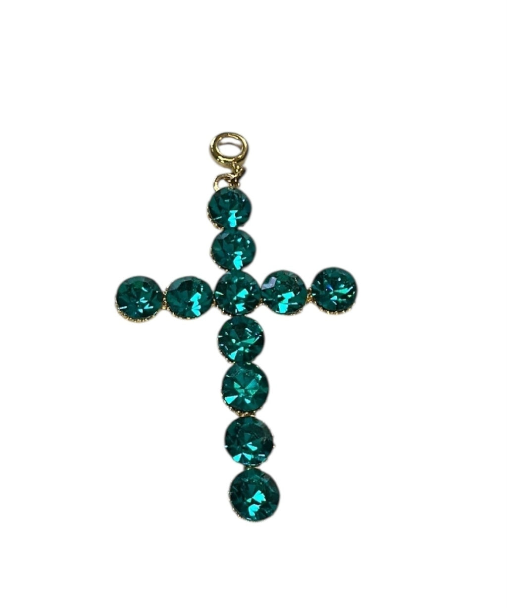 Pingente cruz com strass verde-escuro e argolinha dourada
