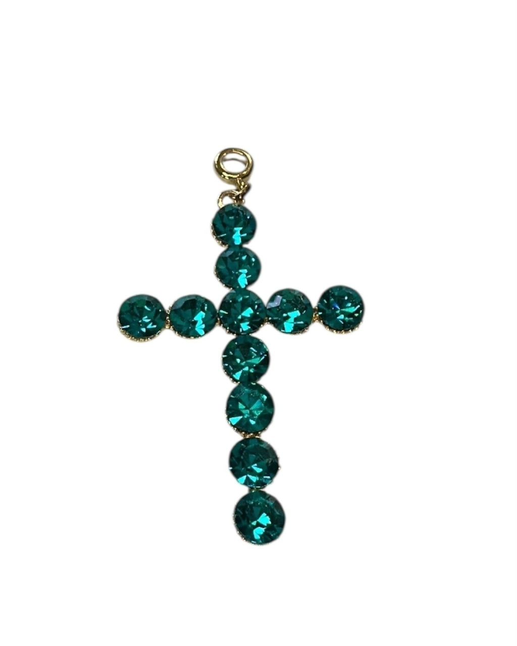 Pingente cruz com strass verde-escuro e argolinha dourada