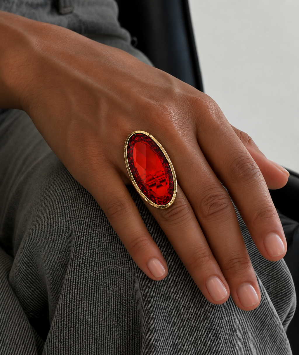 Anel Jamaica com pedra oval vermelha e aro dourado