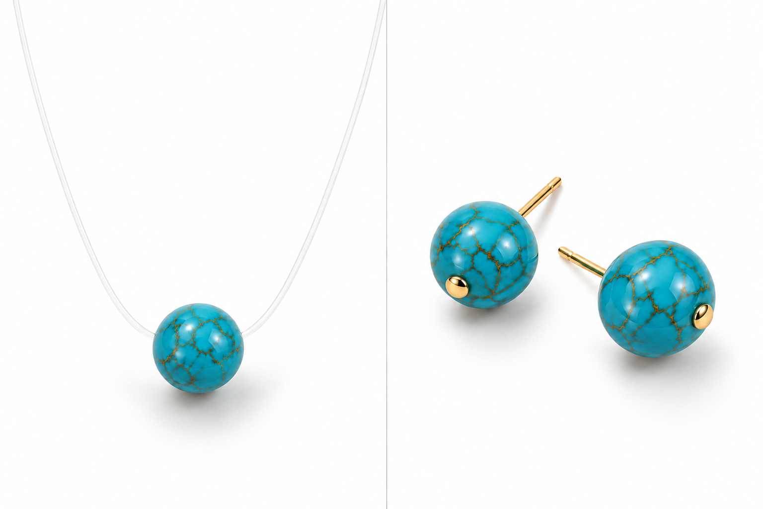 Conjunto de colar e brincos com contas turquesa e detalhes dourados.