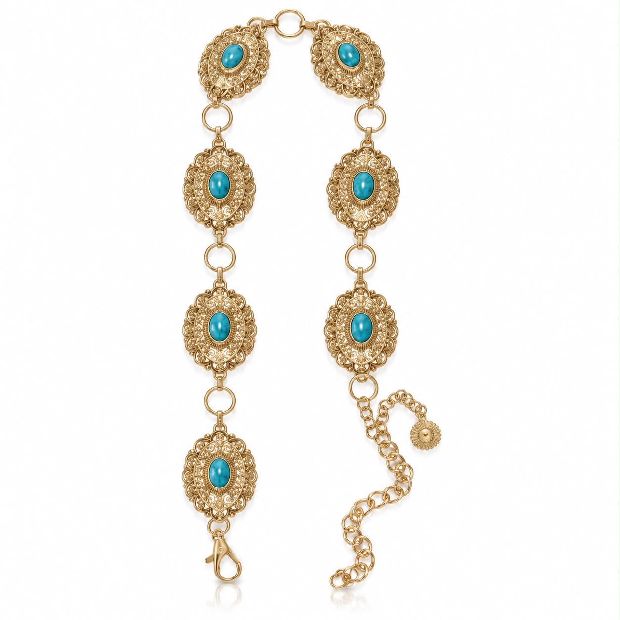 Pulseira dourada com correntes e pingentes com pedras azul-turquesa
