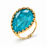 Anel Letícia dourado com pedra oval azul-turquesa e aro com esfera na base