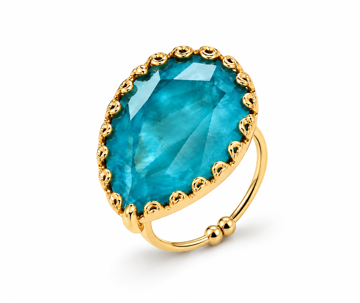 Anel Letícia dourado com pedra oval azul-turquesa e aro com esfera na base