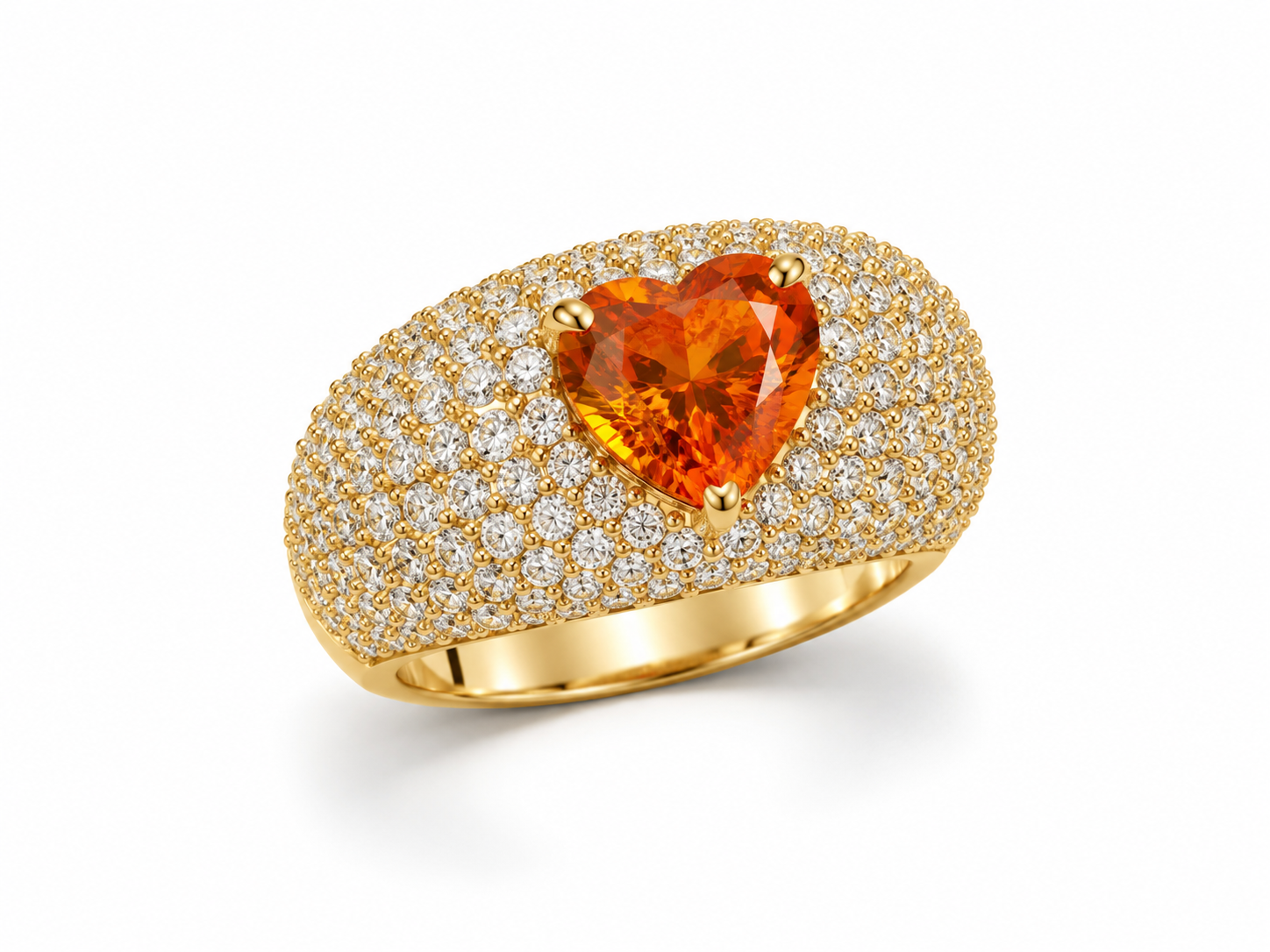 Anel Love glam dourado com pedra laranja em formato de coração e pavê de cristais