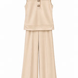 Conjunto de blusa sem mangas creme com botões e calça pantalona