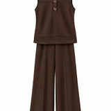 Conjunto de blusa sem mangas café com botões e calça pantalona