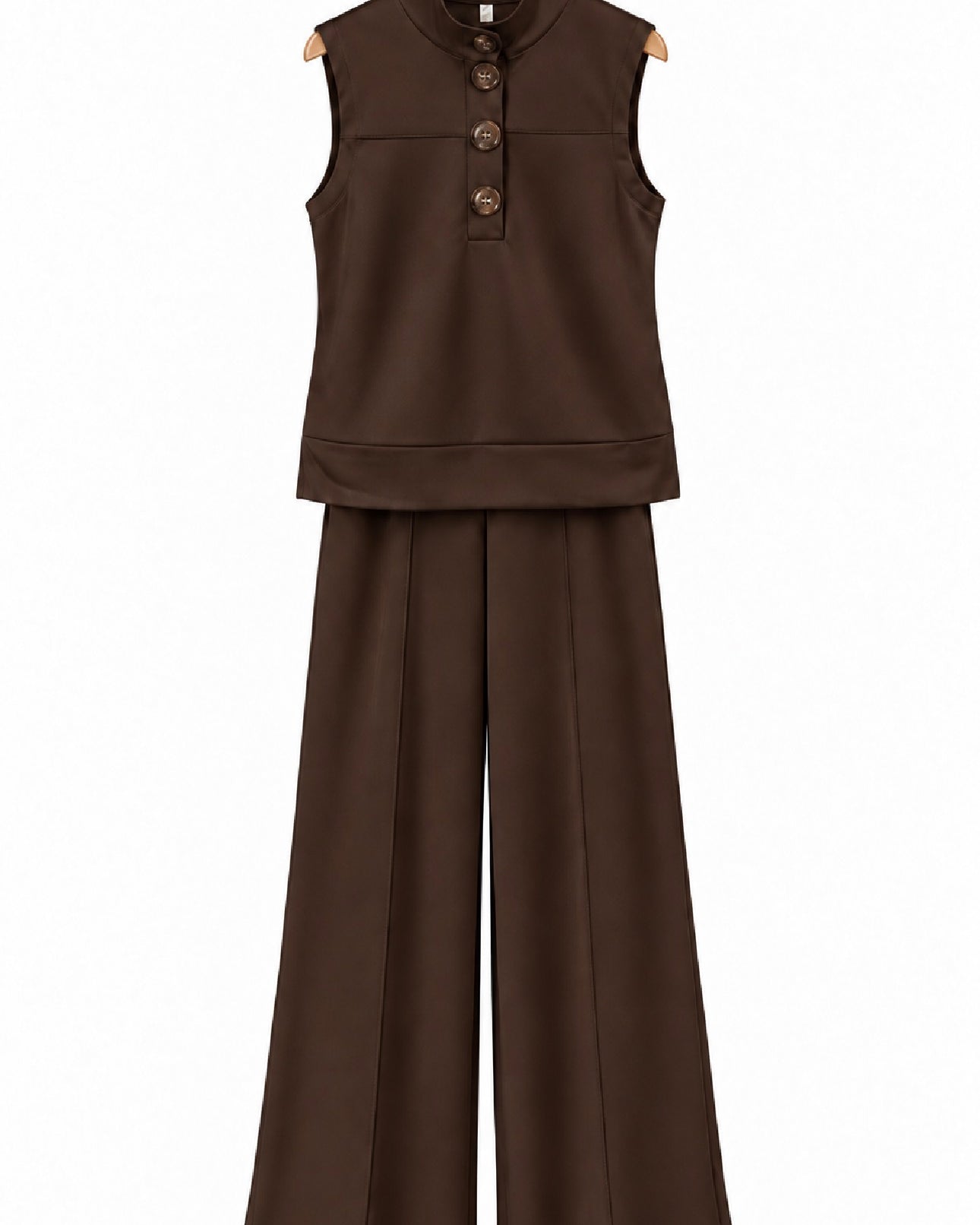 Conjunto de blusa sem mangas café com botões e calça pantalona