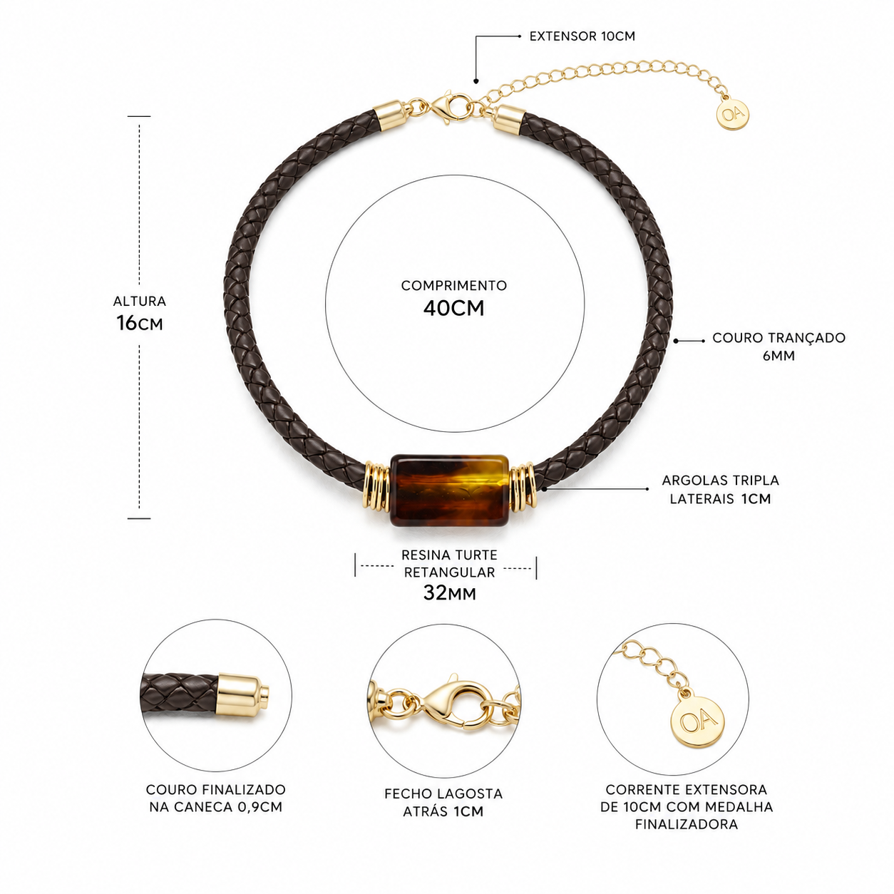 Colar com trança escura, pingente retangular âmbar e fecho dourado com extensor