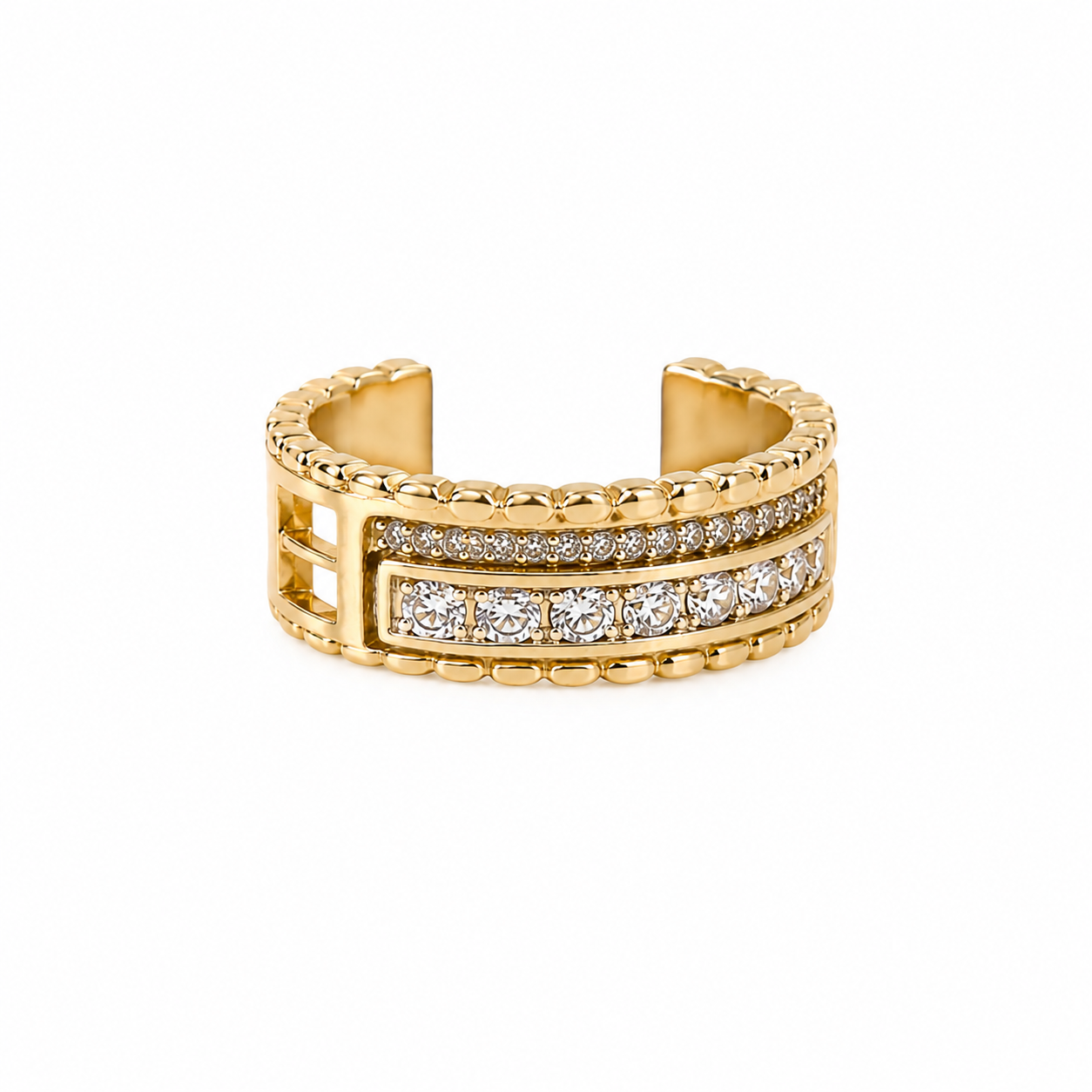 Ear cuff dourado com pedras brilhantes e design escalonado