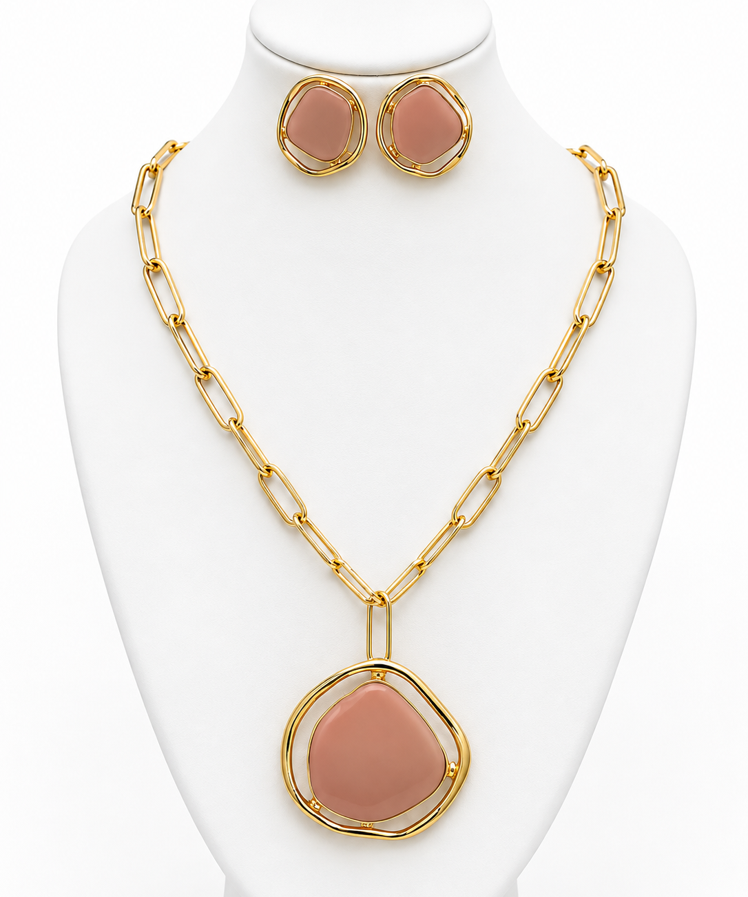 Conjunto de colar e brincos com pingente oval rosê e elos dourados