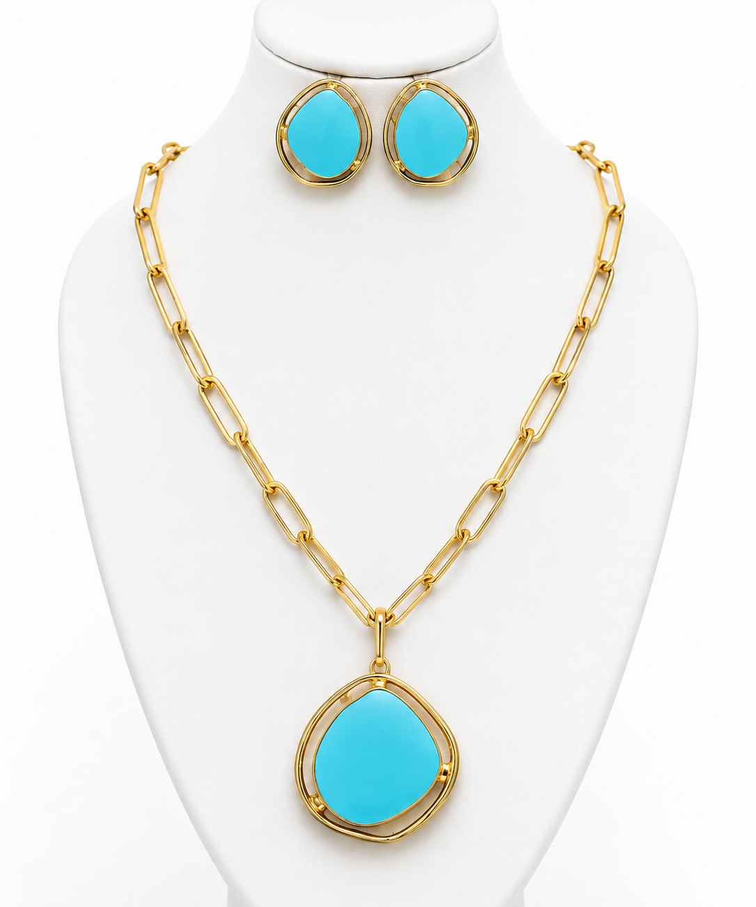 Conjunto de colar e brincos com pingente oval turquesa e elos dourados