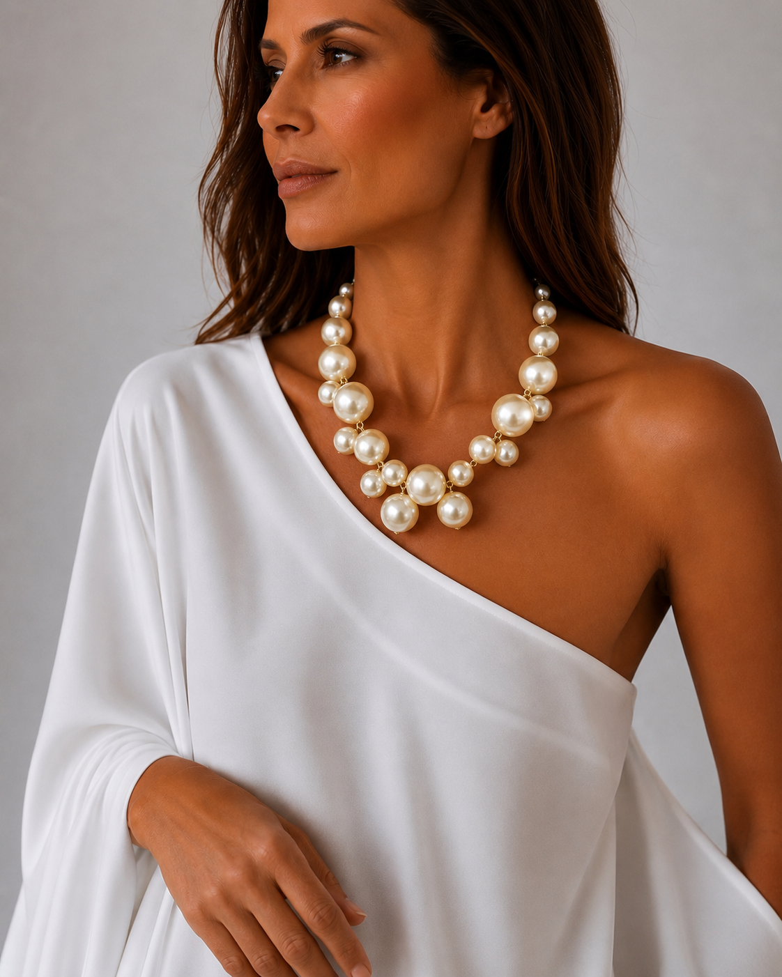 Colar maxi de pérolas em volta única no pescoço, com vestido de um ombro