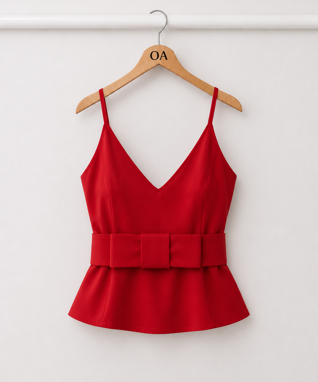 Blusa vermelha de alças finas, decote V e faixa na cintura com babado peplum