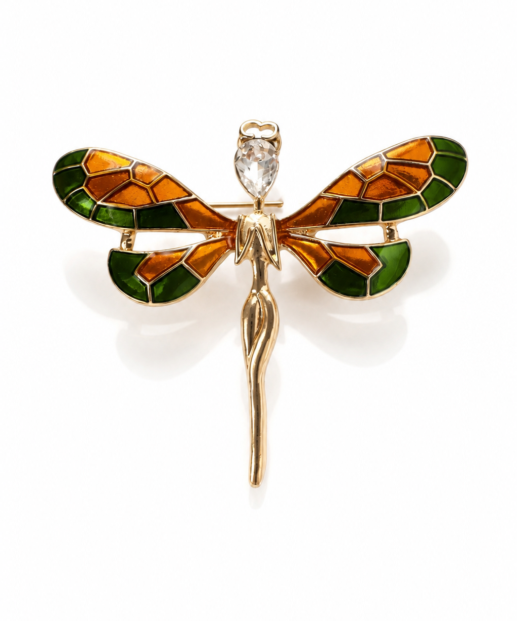 Broche de libélula metal dourado com asas esmaltadas verde e laranja