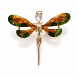 Broche de libélula metal dourado com asas esmaltadas verde e laranja