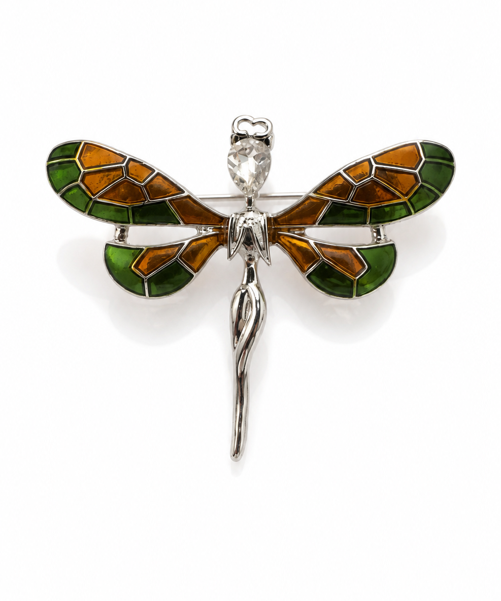 Broche de libélula metal prateado com asas esmaltadas verde e dourado