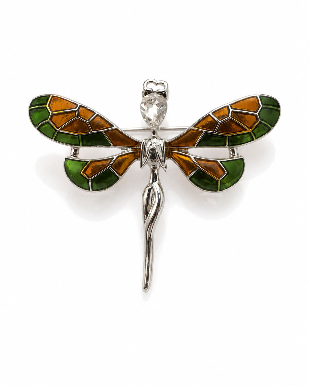 Broche de libélula metal prateado com asas esmaltadas verde e dourado