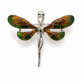 Broche de libélula metal prateado com asas esmaltadas verde e dourado