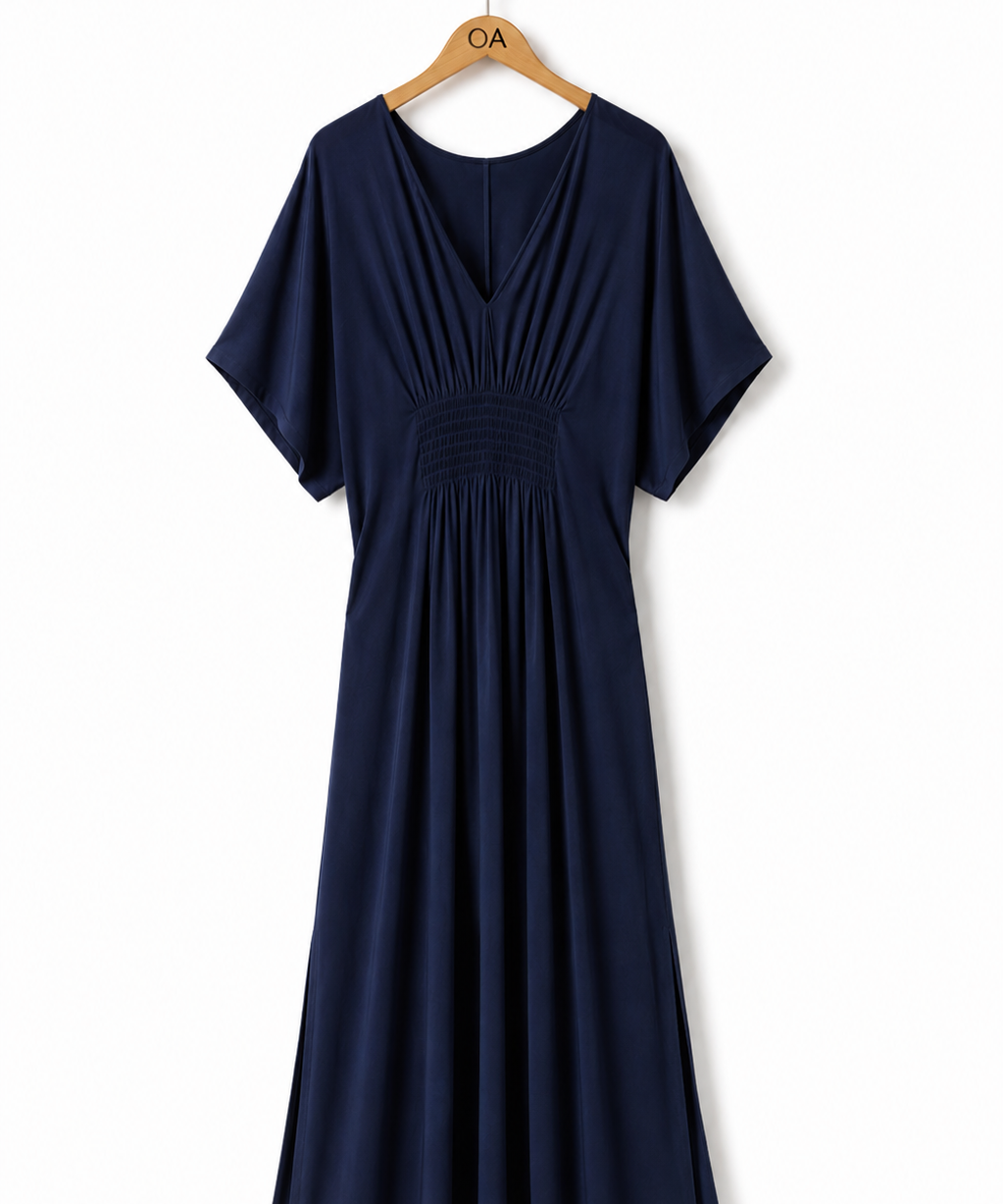 Vestido Iolanda marinho com decote V e franzido na cintura, mangas amplas.