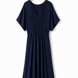Vestido Iolanda marinho com decote V e franzido na cintura, mangas amplas.