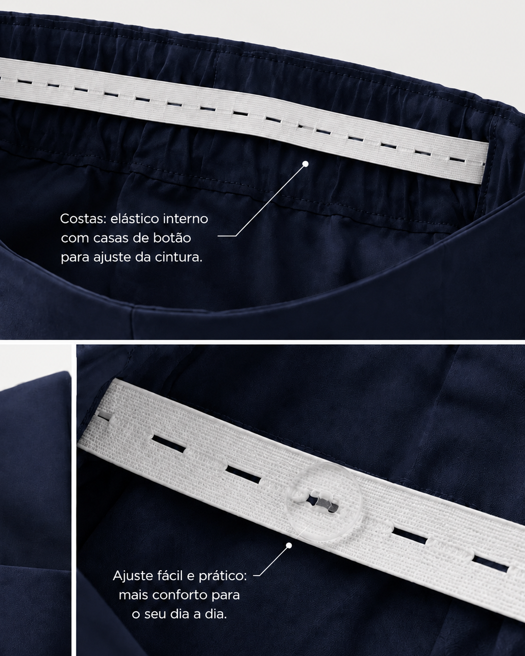 Calça azul-marinho com cós elástico e faixa frontal ajustável